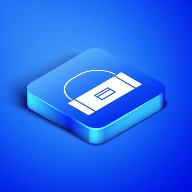 Mavi arka plan üzerinde izole wobbler ve dişli balıkçılık ekipmanları simgesi için Izometrik Kılıf veya kutu konteyner. Olta takımı. Mavi kare düğmesi. Vektör İllüstrasyonu