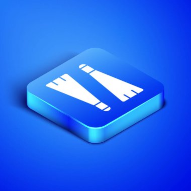 Mavi arka planda izole edilmiş yüzme ikonu için Isometric Lastik paletler. Dalış ekipmanları. Olağanüstü bir spor. Su altı ekipmanları. Mavi kare düğme. Vektör İllüstrasyonu