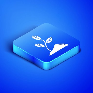 Mavi arka planda izole edilmiş İzometrik Filiz simgesi. Tohum ve fide. Yaprak işareti. Yaprak doğası. Mavi kare düğmesi. Vektör İllüstrasyonu