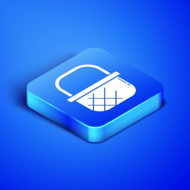 Mavi arka planda yalıtılmış izometrik alışveriş sepeti simgesi. Online satın alma kavramı. Teslimat hizmeti işareti. Alışveriş sepeti sembolü. Mavi kare düğmesi. Vektör Illustration