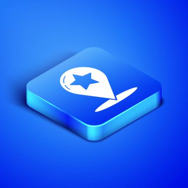 Mavi arkaplanda yıldız simgesi izole edilmiş Isometric Harita imleci. Yıldız favori iğne haritası simgesi. Harita işaretleyicileri. Mavi kare düğme. Vektör İllüstrasyonu