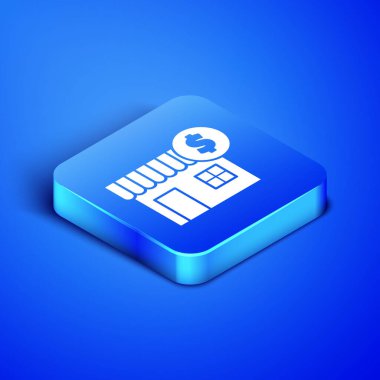 Mavi arka planda dolar sembolü olan Isometric House. Ev ve para. Emlak konsepti. Mavi kare düğme. Vektör İllüstrasyonu