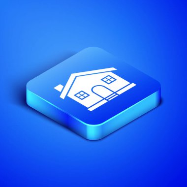 Isometric House simgesi mavi arkaplanda izole edildi. Ev sembolü. Mavi kare düğme. Vektör İllüstrasyonu