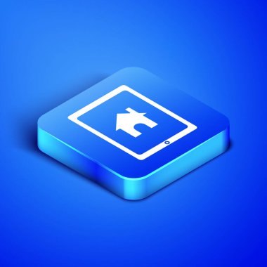 Isometric Tablet ve akıllı ev simgesi mavi arkaplanda izole edildi. Uzaktan kumanda. Mavi kare düğme. Vektör İllüstrasyonu