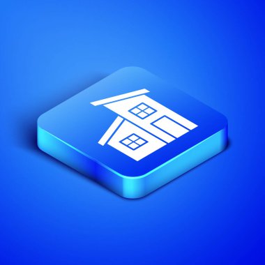 Isometric House simgesi mavi arkaplanda izole edildi. Ev sembolü. Mavi kare düğme. Vektör İllüstrasyonu