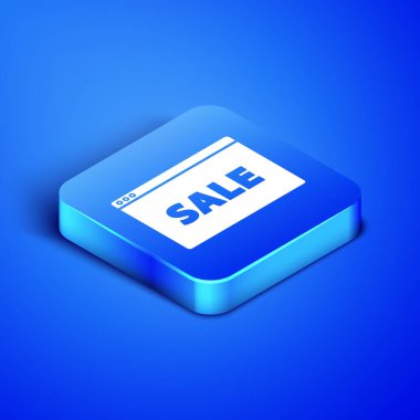 Mavi arkaplanda izole edilmiş metin çevrimiçi satış simgesi ile Isometric Asılma işareti. Mesaj indirimli tabela. Mavi kare düğme. Vektör İllüstrasyonu