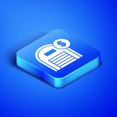 Mavi arka planda dolar sembolü olan Isometric Deposu. Emlak konsepti. Mavi kare düğme. Vektör İllüstrasyonu