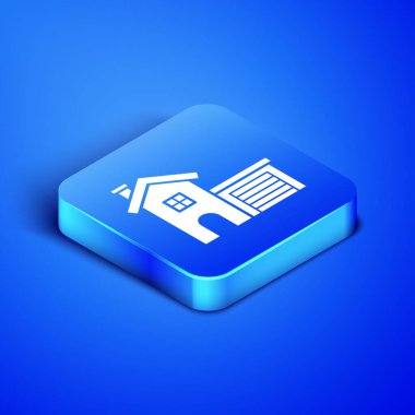 Isometric House simgesi mavi arkaplanda izole edildi. Ev sembolü. Mavi kare düğme. Vektör İllüstrasyonu