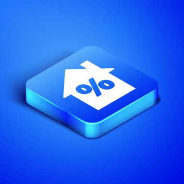 Mavi arka planda özel indirimli etiket simgesine sahip Isometric House. Evin yüzdesi tabela fiyatı. Emlak evi. Mavi kare düğme. Vektör İllüstrasyonu