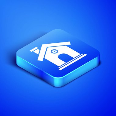 Isometric House simgesi mavi arkaplanda izole edildi. Ev sembolü. Mavi kare düğme. Vektör İllüstrasyonu