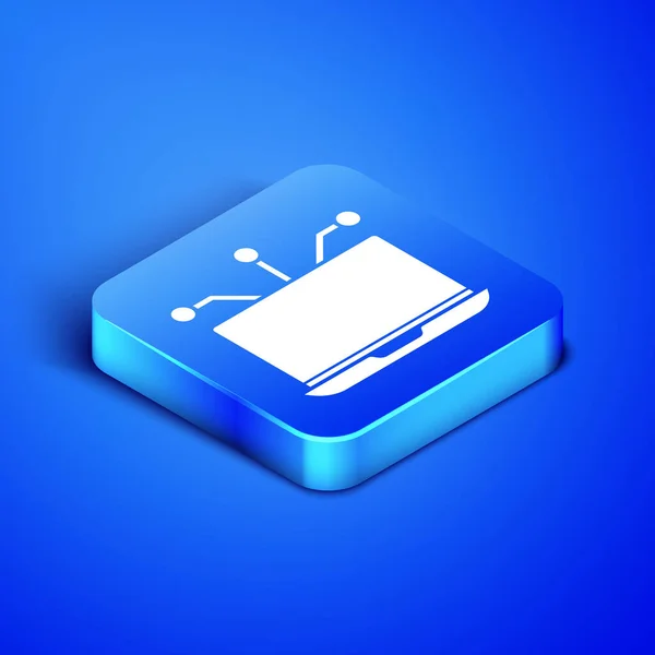 Icono del ordenador portátil isométrico aislado sobre fondo azul. Concepto de tecnología y dispositivos.. Botón cuadrado azul. Ilustración vectorial — Vector de stock