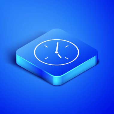 Mavi arka planda yalıtılmış İzometrik Saat simgesi. Zaman sembolü. Mavi kare düğmesi. Vektör İllüstrasyonu