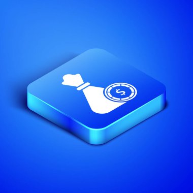 Isome Para Çantası ve Kumarhane fişleri ikonu mavi arka planda izole edilmiş. Dolar ya da Usd sembolü. Nakit bankacılık tabelası. Mavi kare düğme. Vektör İllüstrasyonu