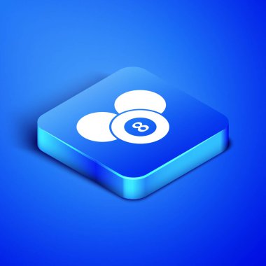 Isometric bilardo bilardo bilardo topu ikonu mavi arka planda izole edildi. Sekiz numaralı bilardo topu. Mavi kare düğme. Vektör İllüstrasyonu