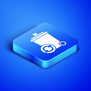 Mavi arkaplanda izole edilmiş Isometric Geri Dönüşüm kutusu simgesi simgesi. Çöp kutusu simgesi. Çöp kutusu tabelası. Geri dönüşüm sepeti işareti. Mavi kare düğme. Vektör İllüstrasyonu