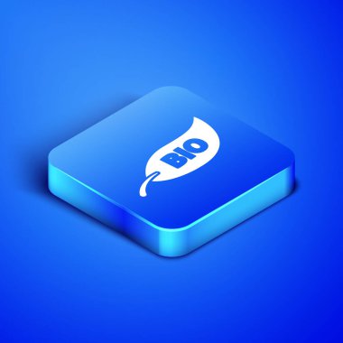 Isometric Leaf Bio sembol simgesi mavi arkaplanda izole edildi. Pankart, etiket, etiket, logo, çevre yeşili etiketi. Mavi kare düğme. Vektör İllüstrasyonu