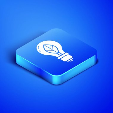 Mavi zemin üzerinde yaprak simgesi olan Isometric ampul. Çevre enerjisi kavramı. Alternatif enerji kavramı. Mavi kare düğme. Vektör İllüstrasyonu