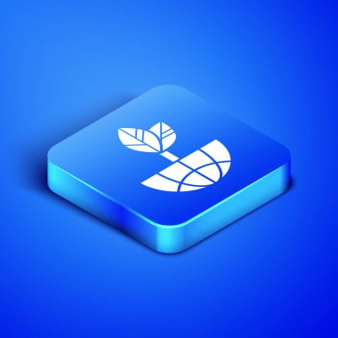 Isometric Earth küresi ve yaprak ikonu mavi arka planda izole edildi. Dünya ya da Dünya işareti. Geometrik şekiller. Çevresel konsept. Mavi kare düğme. Vektör İllüstrasyonu