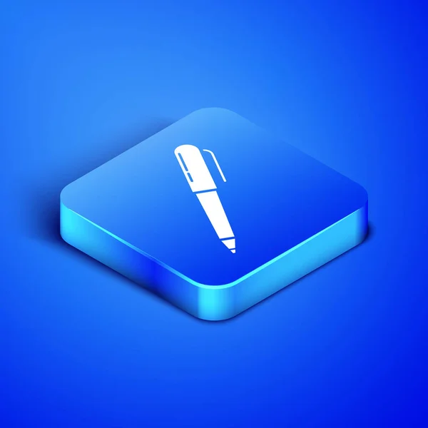 Isometric Pen icon isolated on blue background. Blue square button. Vector Illustration — Stock Vector