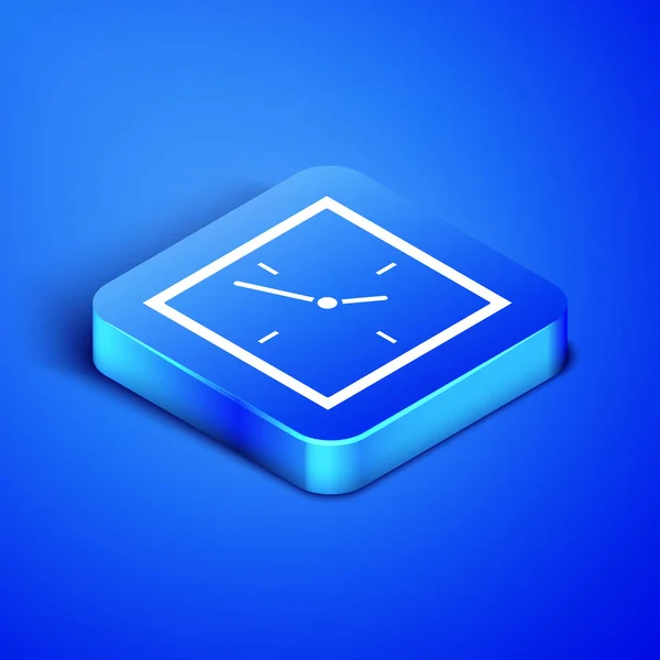 Ізометрична піктограма годинника ізольована на синьому фоні. Символ часу. Блакитна квадратна кнопка. Векторна ілюстрація — стоковий вектор