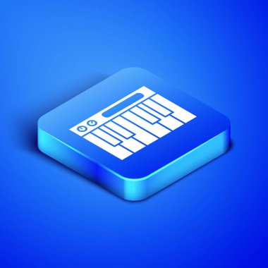 Isometric Müzik Sentezleyici simgesi mavi arkaplanda izole edildi. Elektronik piyano. Mavi kare düğme. Vektör İllüstrasyonu