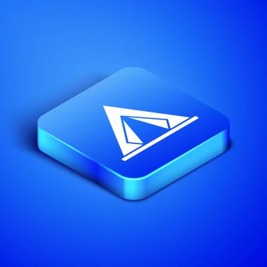 Mavi arka planda izole izometrik turist çadır simgesi. Kamp sembolü. Mavi kare düğmesi. Vektör Illustration