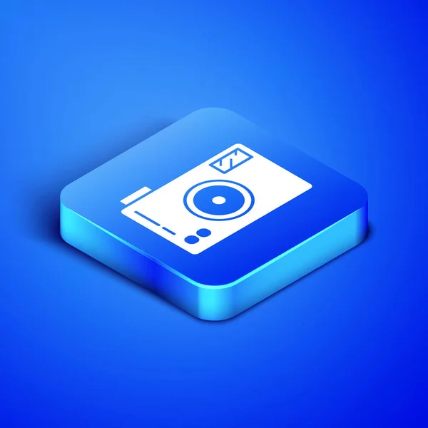 Isometrisches Fotokamerasycon isoliert auf blauem Hintergrund. Foto-Kamera-Ikone. blauer quadratischer Knopf. Vektorillustration — Stockvektor