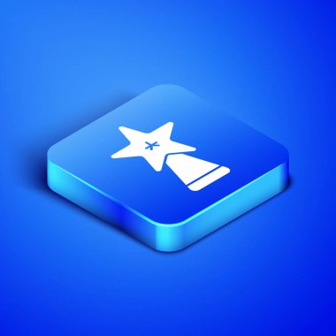 Mavi arka planda izole edilmiş Isometric Noel yıldızı simgesi. Mutlu Noeller ve mutlu yıllar. Mavi kare düğme. Vektör İllüstrasyonu