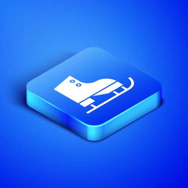 Isometric Artistik Patinaj ikonu mavi arkaplanda izole edildi. Buz pateni ayakkabısı ikonu. Kılıçlı spor botlar. Mavi kare düğme. Vektör İllüstrasyonu