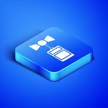 Mavi arka planda izole bir yazıt satış simgesi ile izometrik fiyat etiketi. Fiyat için rozet. Promo etiket indirimi. Mavi kare düğmesi. Vektör Illustration