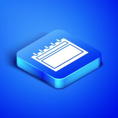 Isometric Takvim simgesi mavi arkaplanda izole edildi. Olay hatırlatma sembolü. Mutlu Noeller ve mutlu yıllar. Mavi kare düğme. Vektör İllüstrasyonu