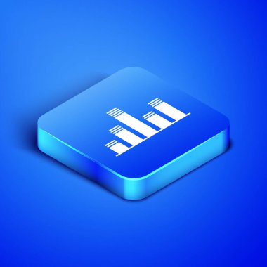 Isometric Müzik eşitleyici simgesi mavi arkaplanda izole edildi. Ses dalgası. Ses dijital dengeleyici teknolojisi, konsol paneli, nabız müzikali. Mavi kare düğme. Vektör İllüstrasyonu
