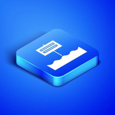 Isometric Blank tahta tabela simgesi mavi arkaplanda izole edildi. Mavi kare düğme. Vektör İllüstrasyonu