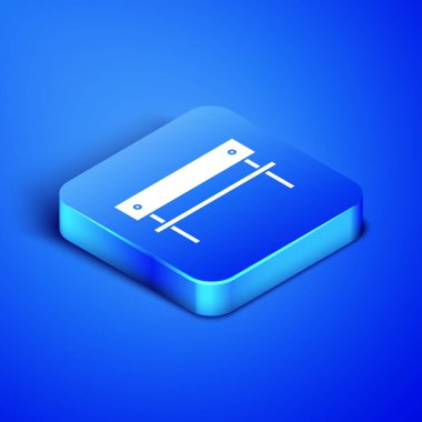 Isometric Bench simgesi mavi arkaplanda izole edildi. Mavi kare düğme. Vektör İllüstrasyonu