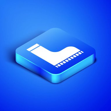 Isometric Su geçirmez lastik bot ikonu mavi arkaplanda izole edildi. Yağmurlu hava, balıkçılık, bahçe işleri için çizme. Mavi kare düğme. Vektör İllüstrasyonu