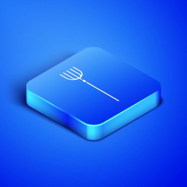 Isometric Garden tırmık simgesi mavi arka planda izole edildi. Bahçe çatalı işareti. Bahçecilik, tarım, çiftçilik aleti. Mavi kare düğme. Vektör İllüstrasyonu