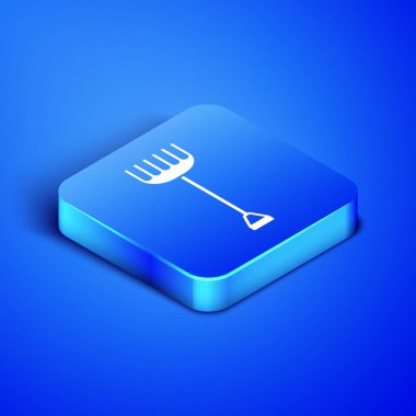 İzometrik Bahçe komisyon simgesi mavi arka plan üzerinde izole. Bahçecilik, tarım, tarım için bir araç. Yer kültivatör. Temizlik ekipmanları. Mavi kare düğmesi. Vektör İllüstrasyonu