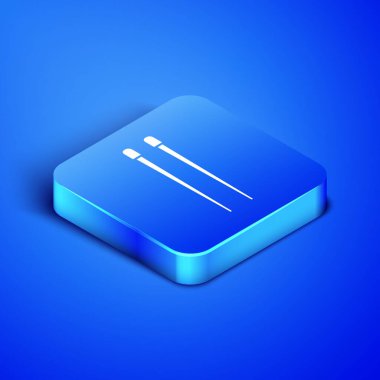 Isometric Food yemek çubukları ikonu mavi arka planda izole edilmiş. Asya yemekleri için ahşap Çin çubukları. Doğulu aletler. Mavi kare düğme. Vektör İllüstrasyonu