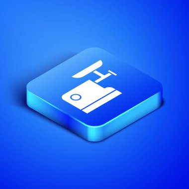 Isometric Kitchen meat grinder icon isolated on blue background. Blue square button. Vector Illustration