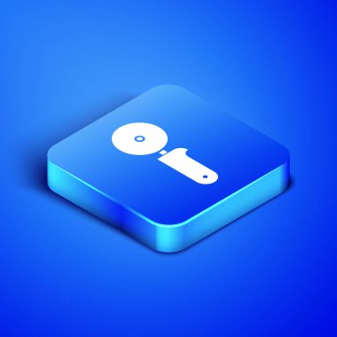 Isometric Pizza knife icon isolated on blue background. Pizza cutter sign. Steel kitchenware equipment. Blue square button. Vector Illustration