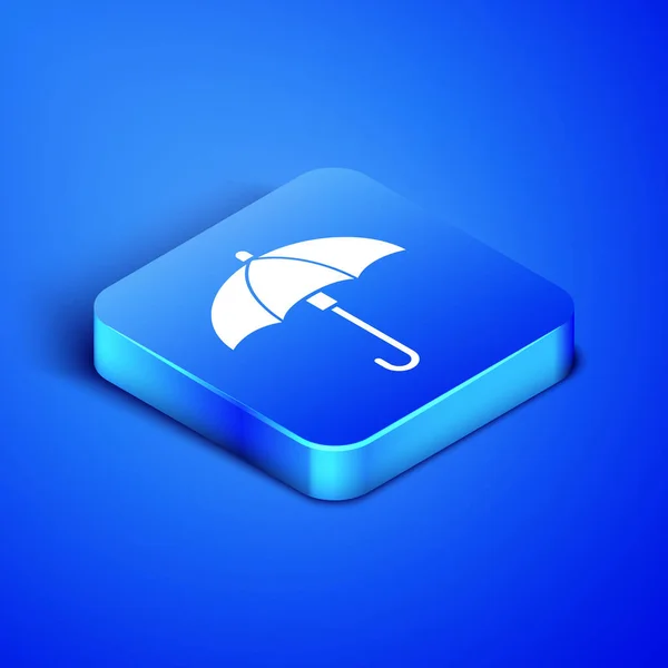 Isometric Umbrella icon isolated on blue background. Waterproof icon. Protection, safety, security concept. Water resistant symbol. Blue square button. Vector Illustration — Stock Vector