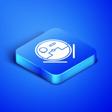 Isometric Robot elektrikli süpürge ikonu mavi arka planda izole edildi. Otomatik süpürme için ev aletleri, ev temizliği için dijital cihazlar. Mavi kare düğme. Vektör İllüstrasyonu
