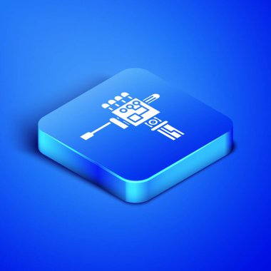 Mavi zemin üzerinde Isometric Mekanik robot el ve tornavida araç simgesi izole. Robot kol sembolü. Teknolojik konsept. Mavi kare düğme. Vektör İllüstrasyonu