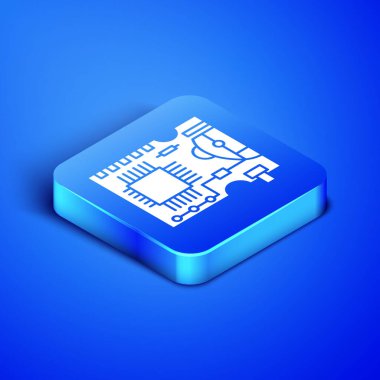 Isometric yazdırılmış devre kartı Pcb simgesi mavi arkaplanda izole edildi. Mavi kare düğme. Vektör İllüstrasyonu