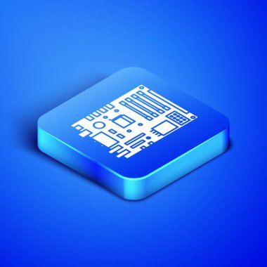 Isometric Electronic bilgisayar bileşenleri anakart dijital çip entegre bilim ikonu mavi arka planda izole. Devre kartı. Mavi kare düğme. Vektör İllüstrasyonu