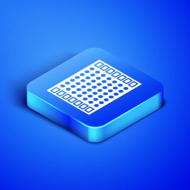Isometric yazdırılmış devre kartı Pcb simgesi mavi arkaplanda izole edildi. Mavi kare düğme. Vektör İllüstrasyonu