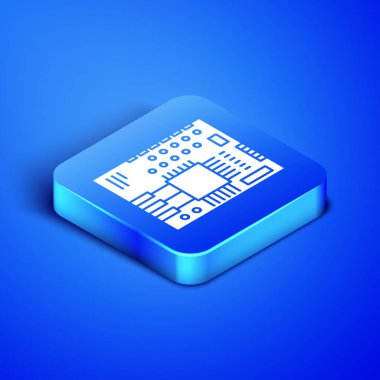 Isometric yazdırılmış devre kartı Pcb simgesi mavi arkaplanda izole edildi. Mavi kare düğme. Vektör İllüstrasyonu