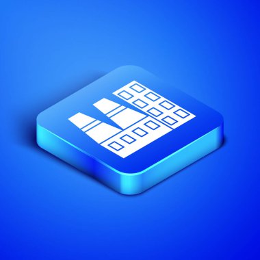 Isometric Elektrik Santrali ve fabrika ikonu mavi arka planda izole edildi. Enerji endüstrisi konsepti. Mavi kare düğme. Vektör İllüstrasyonu