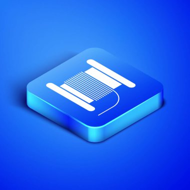 Mavi arka planda izole edilmiş makara ya da davul ikonu üzerindeki Isometric tel elektrik kablosu. Mavi kare düğme. Vektör İllüstrasyonu