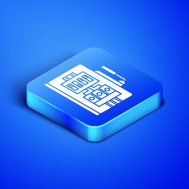 Isometric Elektrik panel simgesi mavi arkaplanda izole edildi. Mavi kare düğme. Vektör İllüstrasyonu